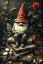 LUCKY GARDEN GNOME BOOKS ART PRINT, Elf Wall Decor, Cottagecore Poster D311