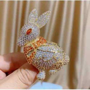 Authentic 2.30 Ct Round Cut Real Moissanite Rabbit Charm Brooch Pin 14K Yellow Gold Plated