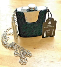 NWT WILD EYE DESIGNS BLING SPARKLE BLACK SILVER TASSLE PARTY FLASK 40" CHAIN