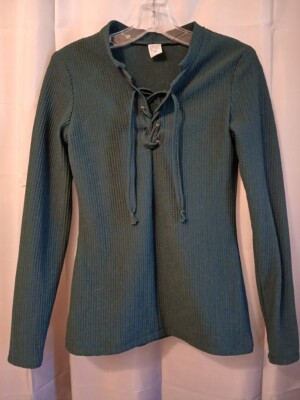 New Lace Up Henley T-shirt Top XS Dark Green Bullet texture fabric Cable knit LS