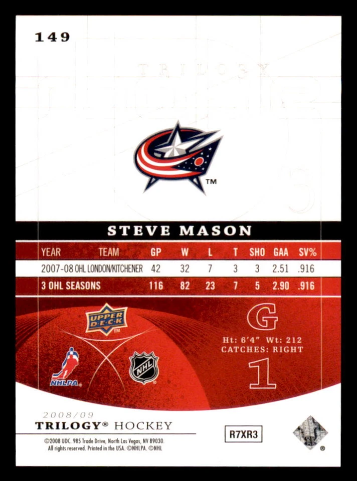 2008-09  Upper Deck Trilogy  #149 Steve Mason Columbus Blue Jackets 594/999 - Image 2 of 2