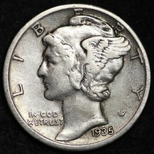 1935 P  Mercury Dime circulated 90% Silver  Extra Fine XF