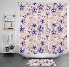 Purple Wildflower and Green Leaf on Pink Shower Curtain Bathroom Accessories Set