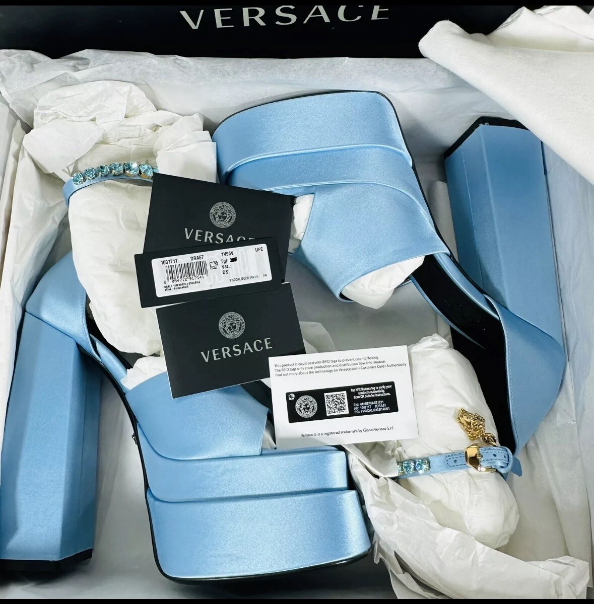 Versace Aevitas Platform Sandals Satin Crystal Charm Light