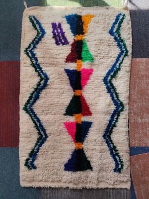 Marokkanischer Beni Ouraine Teppich Neu Wolle BERBERBER RUG Klein Creme Bunt Handarbeit