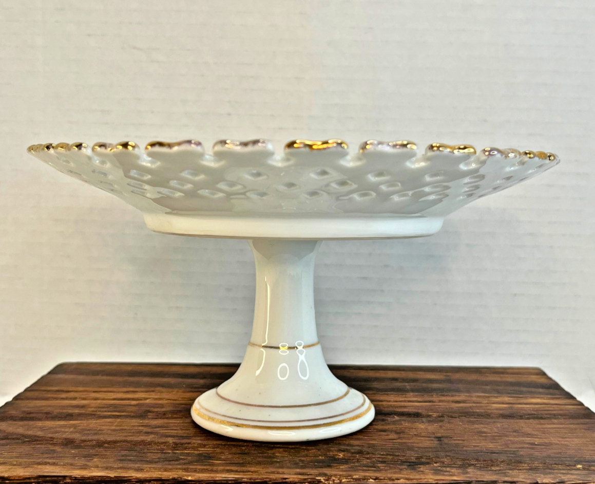 VTG Reticulated Pedestal Plate • Gold Trim • Pansy • Floral Compote Royal Sealy 