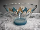 Vintage MCM Anchor Hocking Atomic Glass Bowl Large Turquoise Gold Starburst Arch