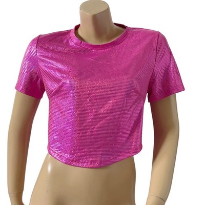Shein Curve Pink Metallic Crop Top Womens 1X 0XL Short Sleeve Crew Neck Clubwear