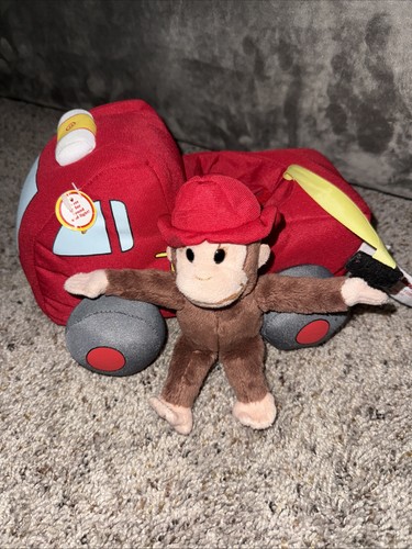 Curious George Pompiere Peluche Camion dei Pompieri Luci Suono 2 Pezzi Peluche Funziona - Foto 4 di 8