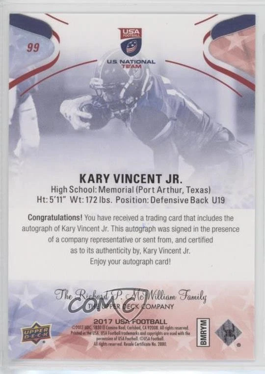2017 Upper Deck USA Football Flag Wave Auto Kary Vincent Jr #99 Auto - Image 2 of 2