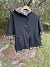Vintage Black Geometric Print Reversible Hooded Wool Cape Poncho One Size