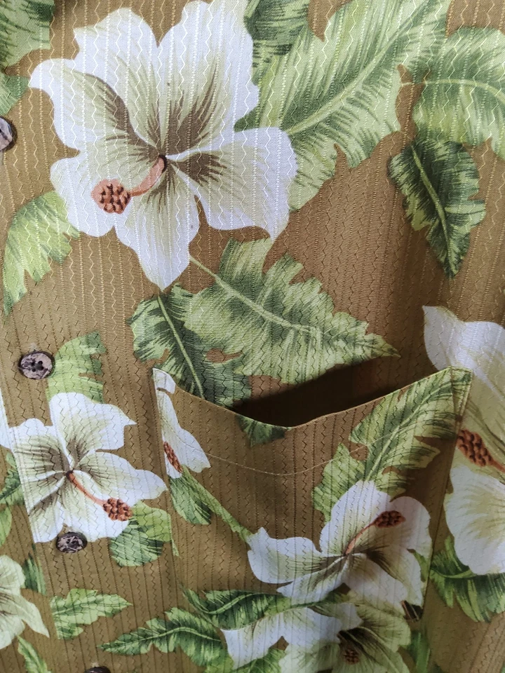 Camisa Hawaiana Jos.A.Bank 100% Seda Marrón/Verde Diseño Floral Talla Grande Corta Foto 3 de 4