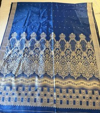 Vtg Banarasi Brocade Silk Saree Royal Blue Purple Two Tone Zari Fabric 6.4Yd