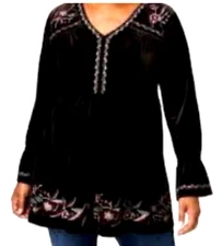 Style & Co. Plus Size 1X Black Velvet Embroidered Floral Tunic Boho Peasant NEW