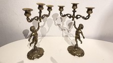 Très Ancienne Paire De Chandelier Bougeoir Trois Branches  Chérubins En Laiton.