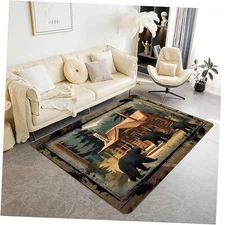 Black Bear Area Rug Vintage Rustic Log Cabin Jungle Pine Background Drip Ink 