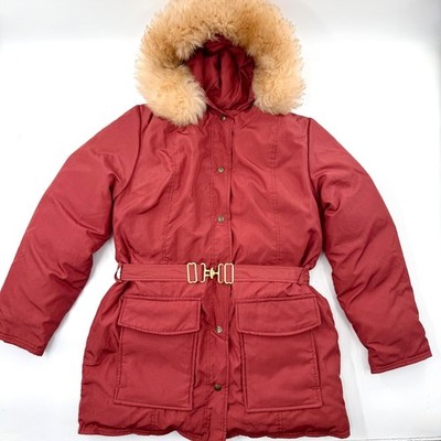 Vintage Eddie Bauer Goose Down Parka Red Shearling Hood Belted Jacket Womens M