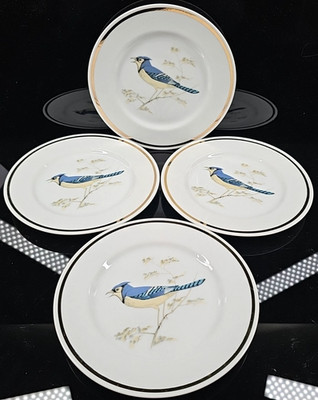 4 Royalton China Blue Jay Salad Plate Set Vintage Bird White Gold Dish Retro Lot