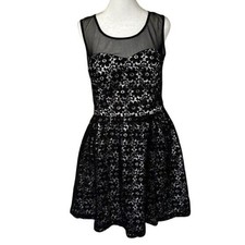 Inspire Me Fit and Flare Dress Women 10 Black Floral Lace Mesh Open Back Party