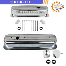 Polished Finned Tall Valve Covers Breather Combo For 1987-97 Sbc Chevy 350