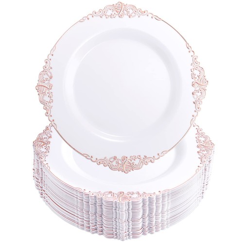 Morejoy 100 Pieces Rose Gold Plastic Plates - Rose Gold Disposable Plates - 1..
