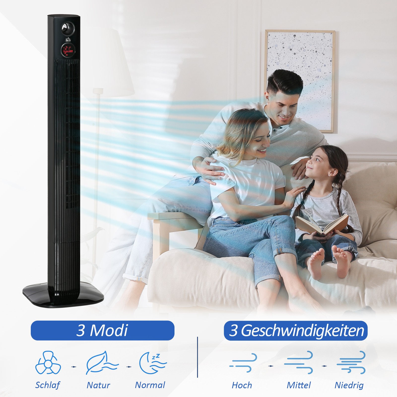 Ventilateur tour noir avec télécommande et diffuseur arôme oscillant