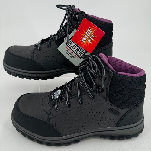 Skechers WOMENS Gray Black Leather Lace Up Waterproof Comp Toe Work Boots 8W NEW - 第 16/24 張圖片