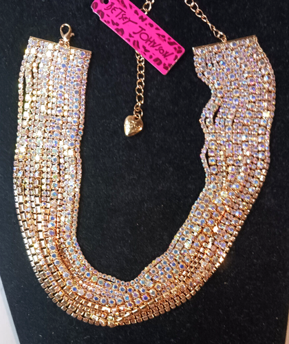 Glamor GOLD Multi Chain AB RHINESTONE Choker Betsey Johnson Statement Necklace - Picture 9 of 14