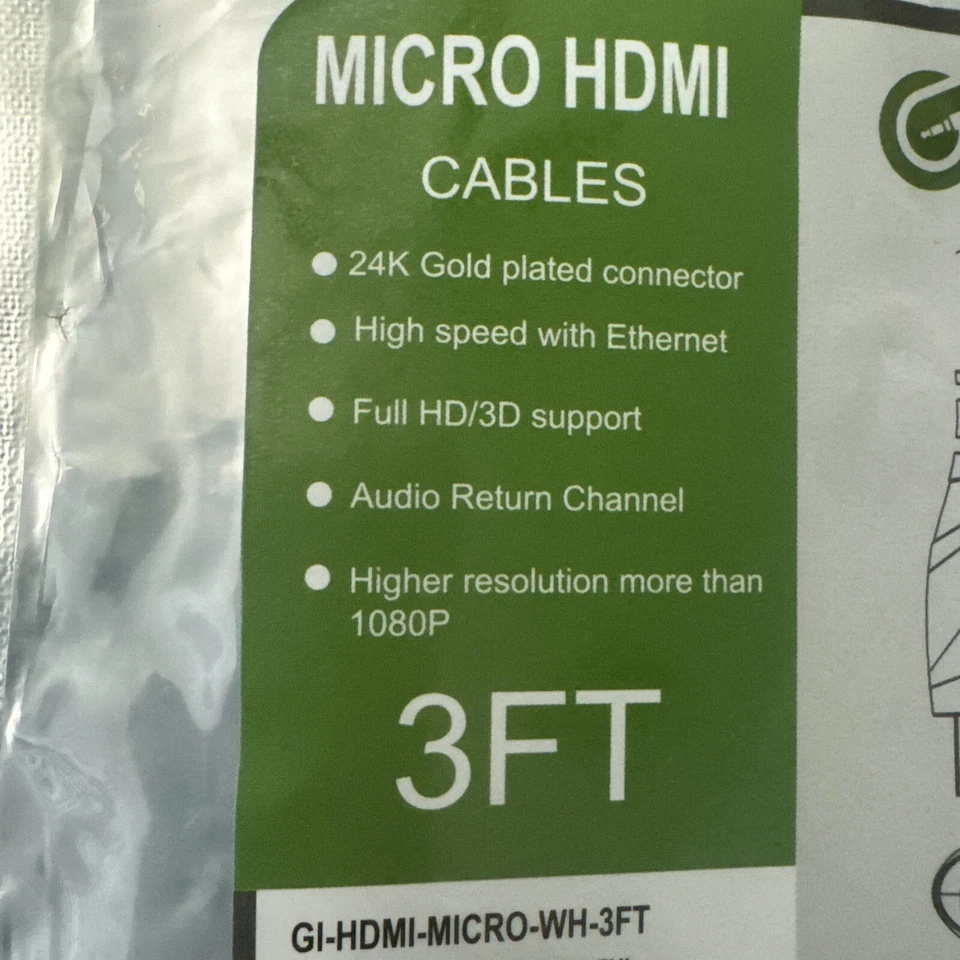 Gear IT GI Micro HDMI Cables 3ft Type A-D 1080P-Full HD/3D WH BRAND NEW - Image 2 of 4