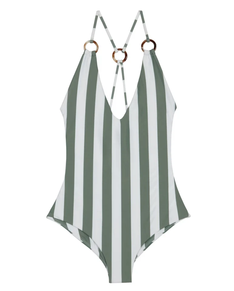 Traje de baño MIKOH Kata retro a rayas verdes de una pieza D1013 para mujer talla grande Foto 3 de 3