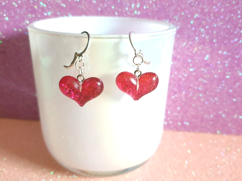 💗Cute Pink Glitter Acrylic Resin Heart Silver Plated Earrings💗 - Picture 7 of 8