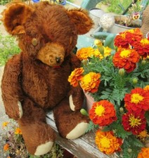 ANTIQUE MOHAIR TEDDY BEAR GOOGLIE EYES RED BROWN VINTAGE KNICKERBOCKER GUND 22"