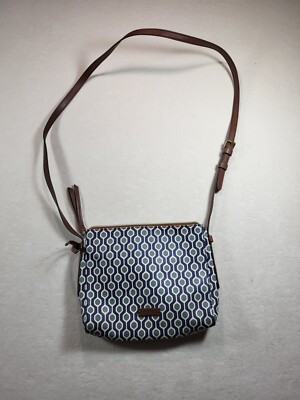 Fossil Fiona Dash/Dot Blue Green and White Pattern Crossbody Bag Purse
