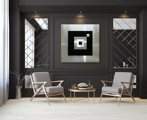 ORIGINAL ABSTRAKT METALL Bild Modern Schwarz Silber Grau Abstrakt Wandbild Deko - Bild 3 von 5