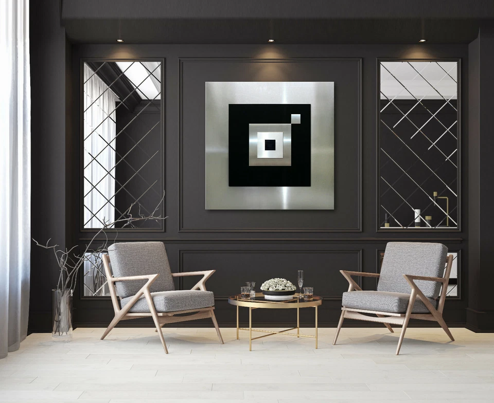 ORIGINAL ABSTRAKT METALL Bild Modern Schwarz Silber Grau Abstrakt Wandbild Deko - Bild 3 von 4