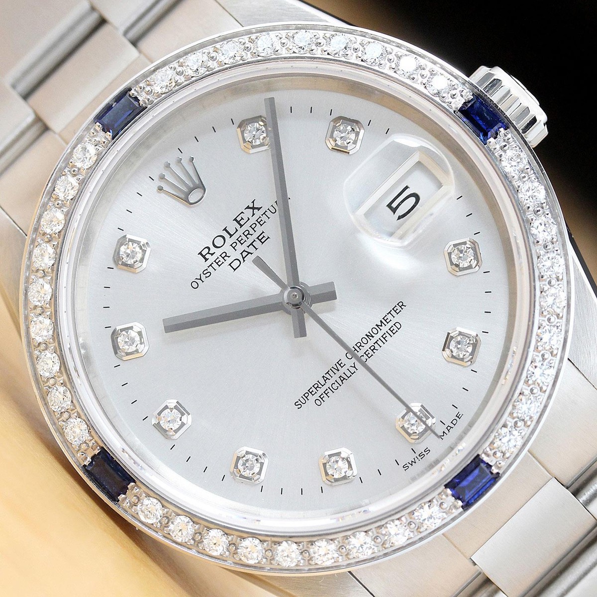 ROLEX MENS OYSTER PERPETUAL DATE 34MM 15200 DIAMOND SAPPHIRE SS