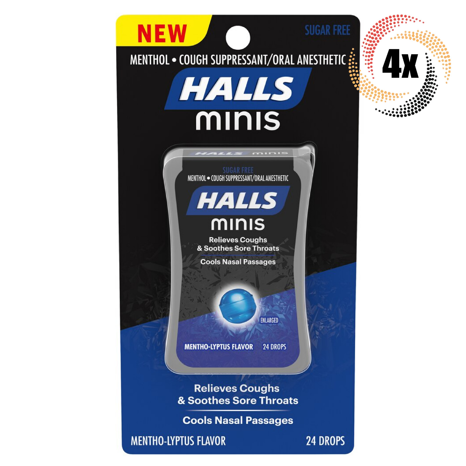 4 упаковки ментоловых леденцов от кашля HALLS Minis с ментоловым вкусом | 24 Капли в упаковке
