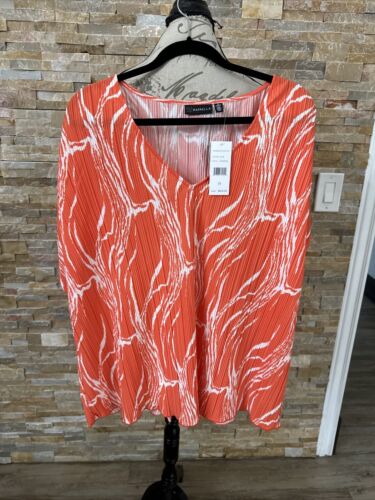 Rafaella Women’s Plisse Pleated V Neck Blouse Orange And White Print 3X