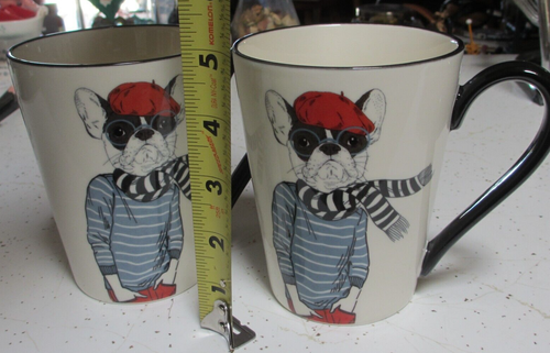 2 mugs FRENCH BULL DOGS striped scarfs beret caps coffee cups Signature bulldog - Picture 8 of 8