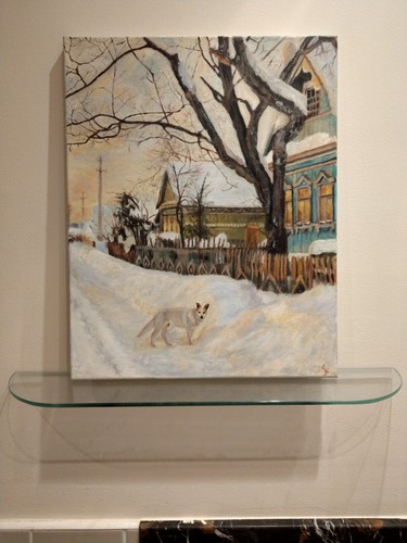 oil painting original on canvas of winter sunset in countryside with white dog. - Picture 4 of 11