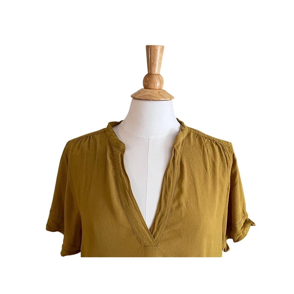 J. Blusa Popover Cuello Banda Cortina Redonda Cuello en V, Amarillo Mostaza, L Foto 3 de 4