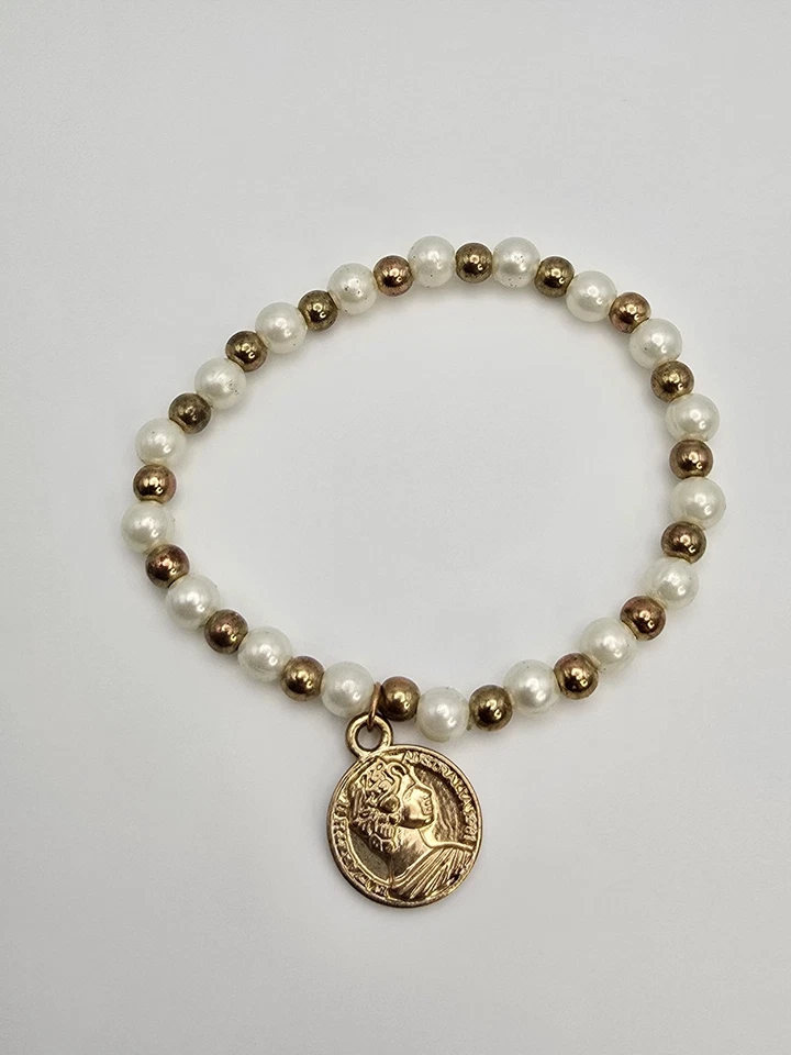 Ancient Greek Faux Gold Coin Charm Bracelet White & Gold Tone Stretchy FREE $HIP - Image 2 of 4