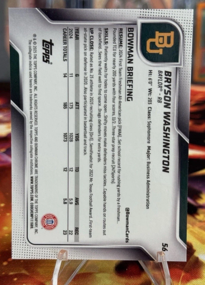 2025 Bowman Chrome U #56 BRYSON WASHINGTON 1st White Shimmer COLOR MATCH /15 SSP - Image 2 of 2