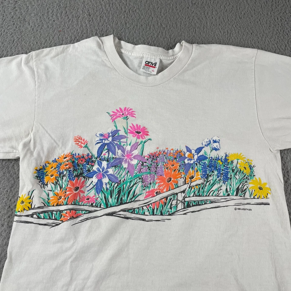 Vintage 90s Flower White T-shirt Single Stitch Graphic Colors L Nature Tee USA * - Image 2 of 4