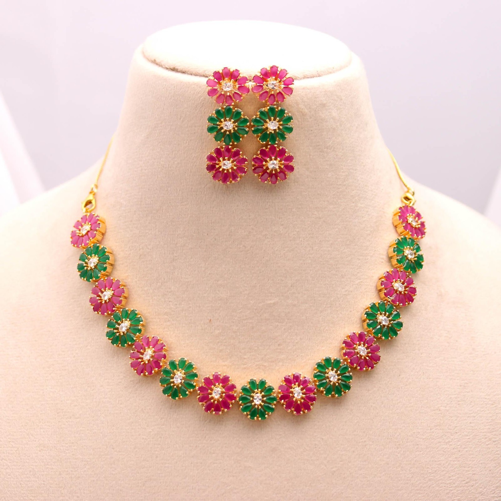 Emerald & Ruby Floral Choker Necklace Set Flower Earrings Gold Plated jewelry