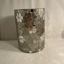Silver & Gold Mirrored Mosaic Hurricane Candle Holder  63/4” Tall