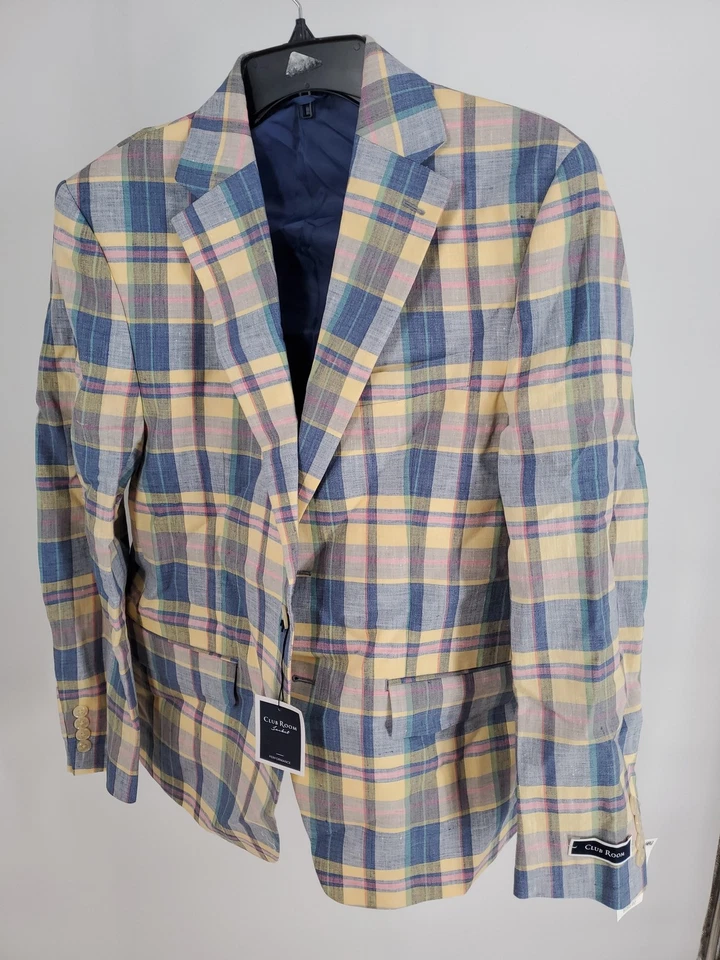 Club Room Blazer Men's 38S Yellow Blue Plaid Linen Blend Sport Coat Jacket - Image 2 of 4