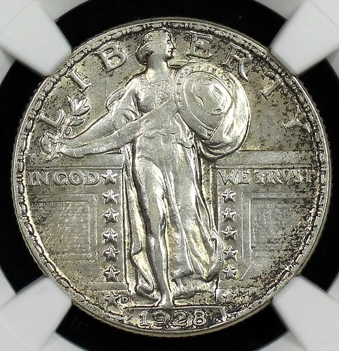 1928 D STANDING LIBERTY QUARTER NGC AU 58 SLIGHTLY GREYING OFF WHITE GOOD LUSTER