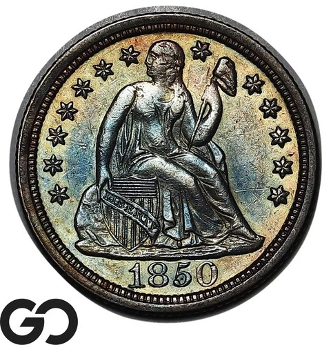 1850 Seated Liberty Dime, Seldom Seen This Nice, Gem BU++ Key Date Color Toner!