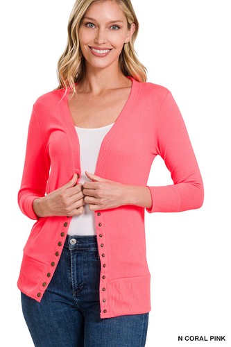 Women's 3/4 Sleeve Snap Button Front Ribbed Detail V Neck Sweater Cardigan - Picture 49 of 57